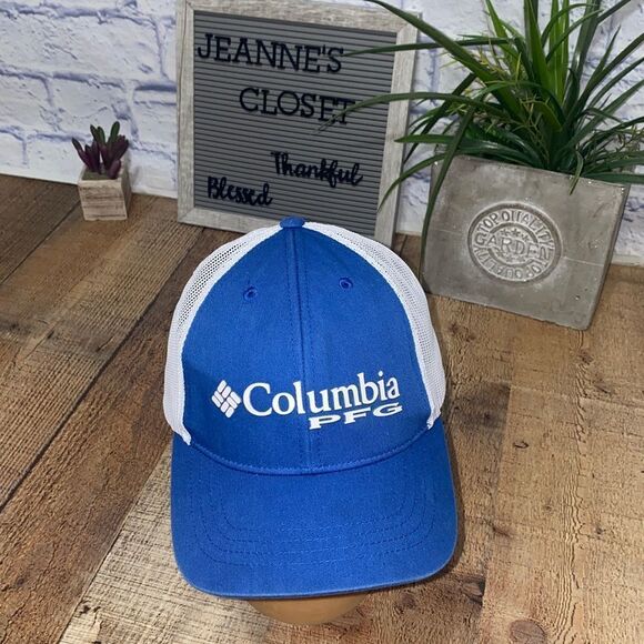 Columbia PFG Fishing Hat Blue & White Trucker Mesh Cap snap back - Picture 1 of 7